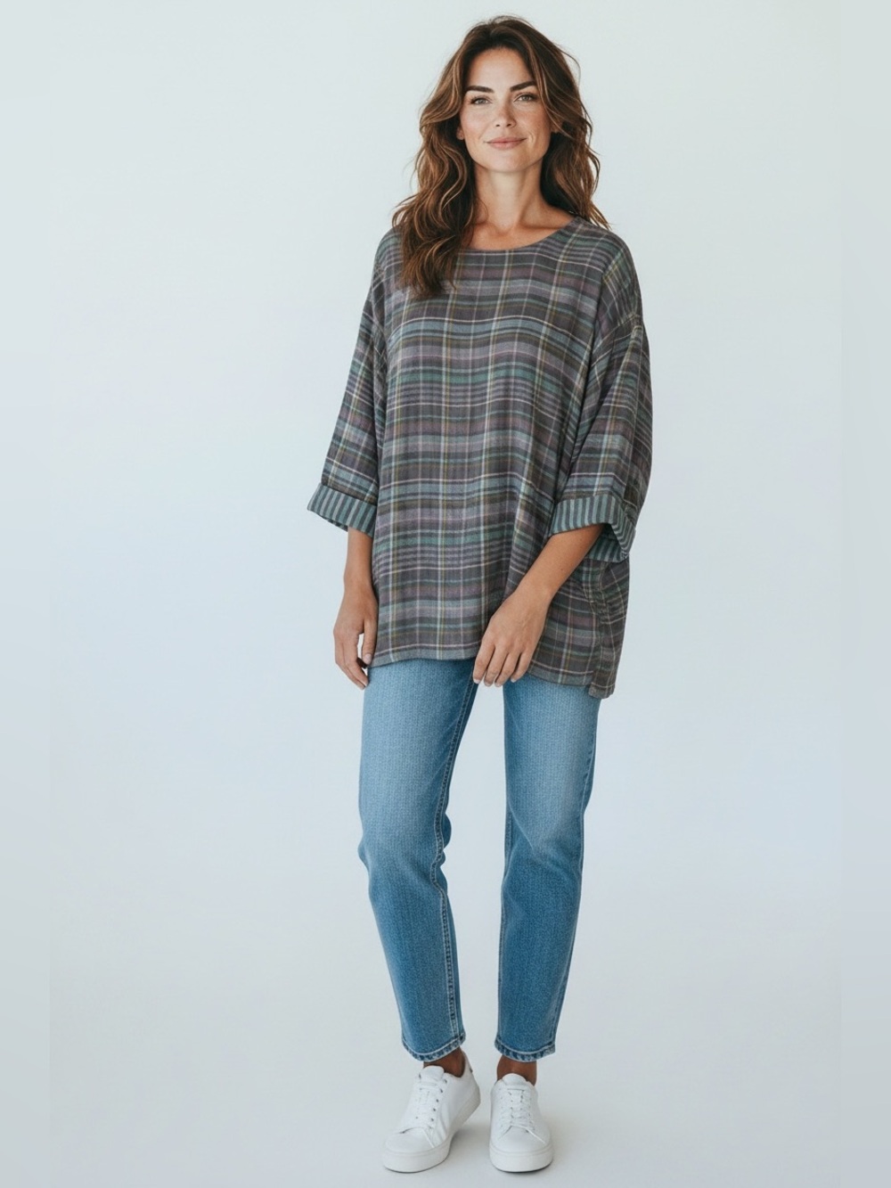 J Jill 100% Gauzy Cotton Relaxed Plaid Scoop-Neck Tunic in Gray Blue and Green